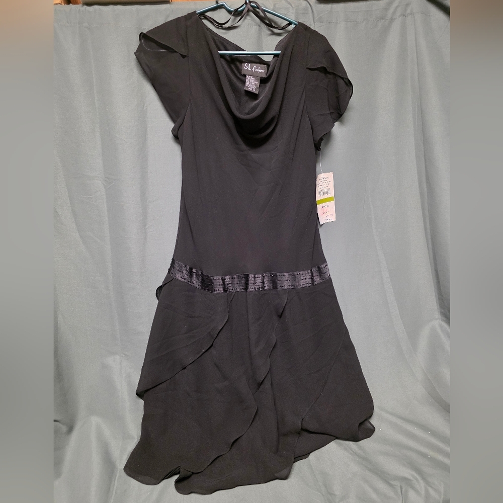 SL Fashions Black Mini Dress with Sequin Detail Around The Waist, Size 14